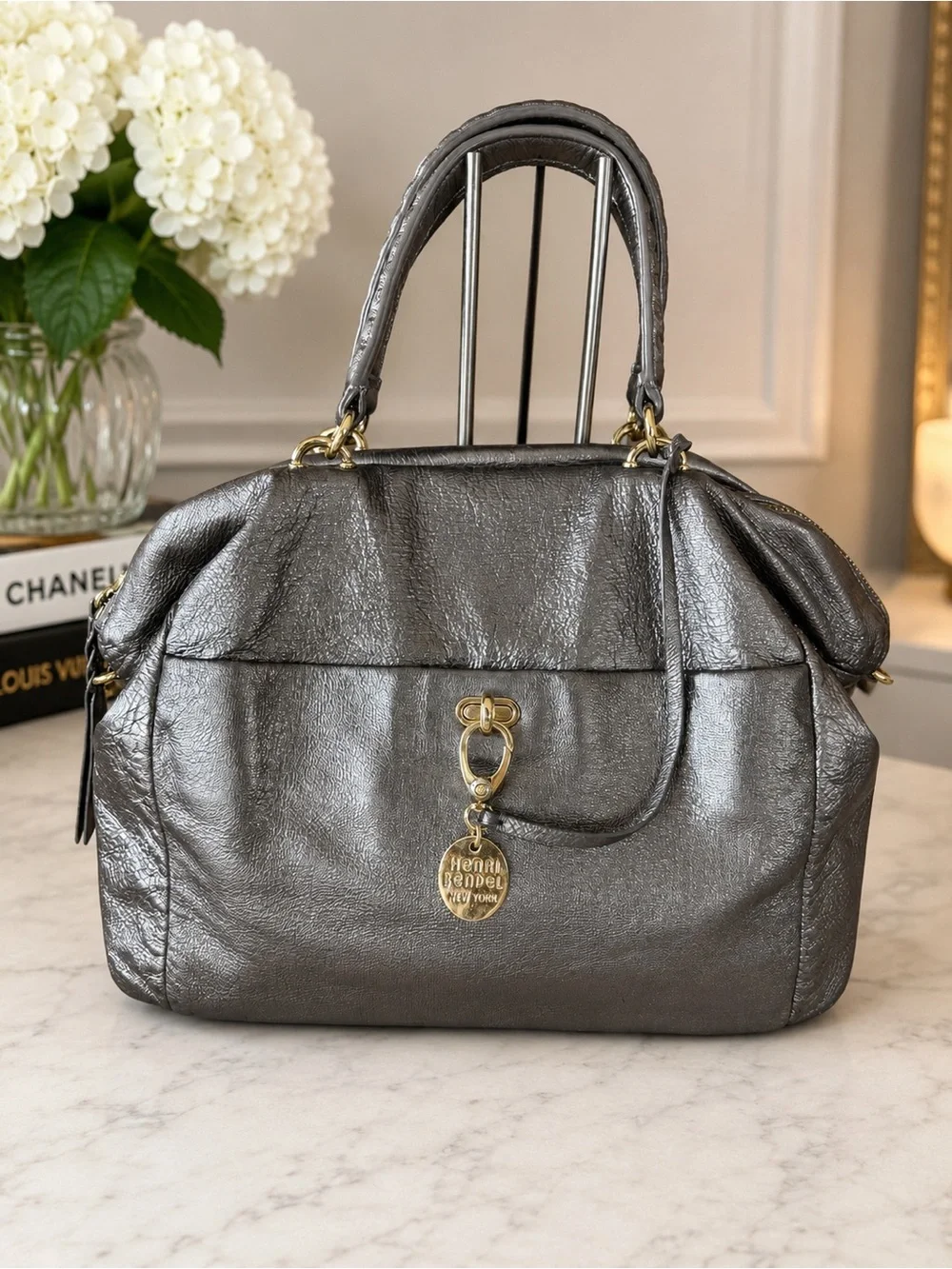 Henri Bendel Metallic Gunmetal Leather Satchel | Navy Satin Lining | Hangtag